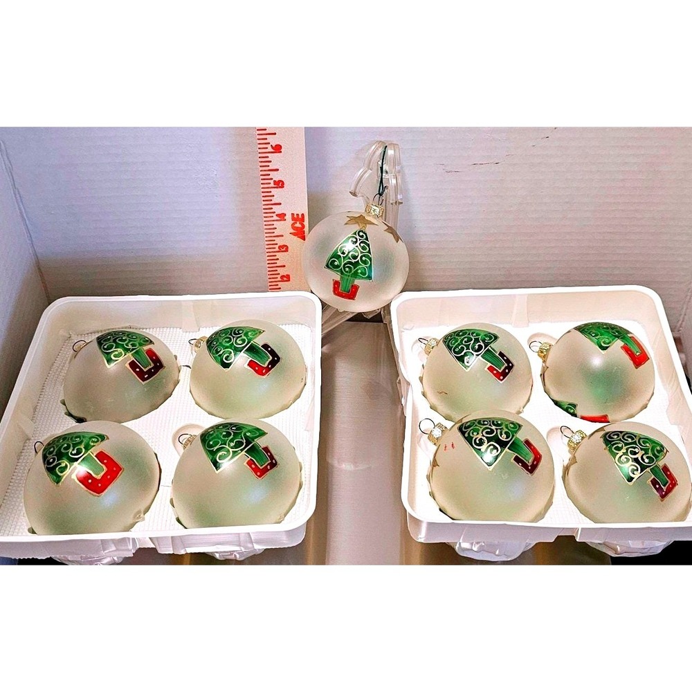Vintage 2000 Christmas by Krebs Glass Ornaments Set of 9 Frosted Green Tree USA